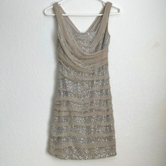 Express Sequin Mini Dress with Gathered Polka Dot Mesh Overlay, Size 0 - Picture 1 of 11